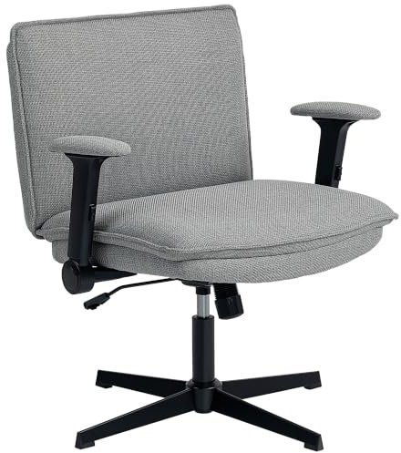 HOMCOM Silla de Oficina Piernas Cruzadas sin Ruedas Gris | Silla Escritorio, Asiento Ancho 63 cm, Reposabrazos Abatible, Altura Ajustable, Giratoria, Función Basculante, Tapizada Lino
