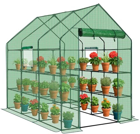 LEADZM Gewächshaus mit UV-beständiger PE-Gitterfolie,12 Metallablagegittern, Sturm-Winterfest, Schutz vor Kälte,Frost, Anzucht für Tomaten & Pflanzen, Balkon Garten (Grün, 142 x 216 x 196 cm)
