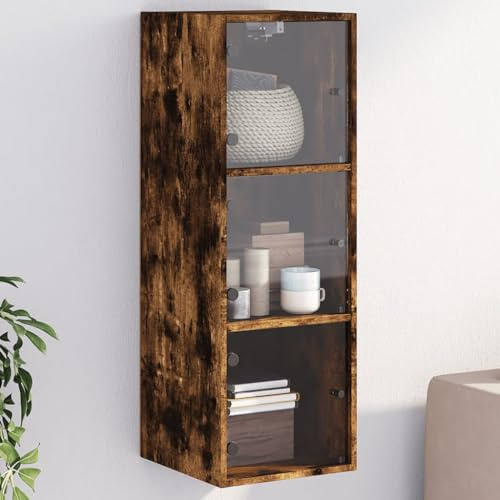 Holamys Wandschrank Räuchereiche, 35x37x100 cm, mit Glastüren, Holzwerkstoff, Hängeschrank für Büro, Küche und Wohnzimmer, vielseitiger Stauraum