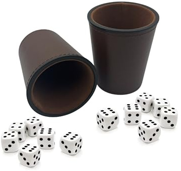 DELALO Würfelbecher aus Kunstleder mit 6 Würfeln – 2er Set (Braun - Braun)