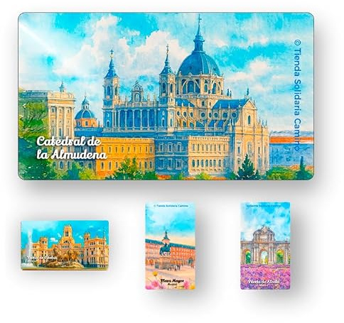 Imanes de Madrid para Nevera | Pack de 4 imanes | Regalo y Decoración Fuente de Cibeles - Catedral de la Almudena - Puerta de Alcalá - Plaza Mayor| Compra Solidaria