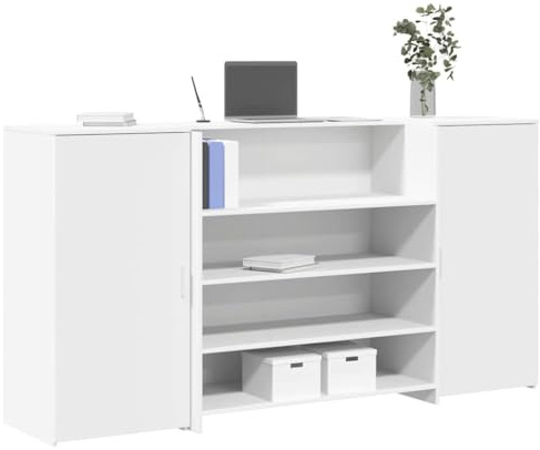 Owoxanthellate Empfangstresen Weiß 200x50x103,5 cm aus Holzwerkstoff mit integriertem Kassentresen und Lagerschränken, diskretes Design, robuster Bürotresen für Office, Praxis, Salon