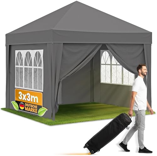 NATURIZ® Pavillon 3x3 Wasserdicht Stabil Hochwertig mit UV 50+ Schutz - Faltpavillon mit Seitenwänden - Pop Up Zelt für Garten, Camping, Märkte - Gartenpavillon (Grau, 3x3m)
