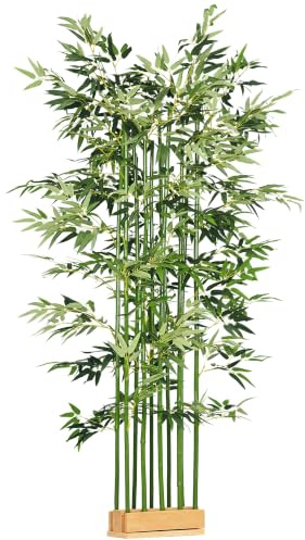 HOMCOM Pianta di Bambù Artificiale Alta 180 cm da Interno 35x10x10cm Verde | 1640 Foglie, Pianta Finta Alta, Vaso in Legno di Pino, per Esterno, Giardino, Casa