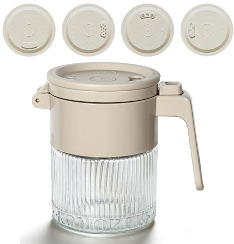 Bocal à Épices en Verre avec Cuillère Intégrée, Pot à Sel et Poivre 350ml, Rangement Étanche et Anti-humidité avec Ouverture à Une Main, 3 Types de Becs Verseurs pour Épices Fines et Gros Grains