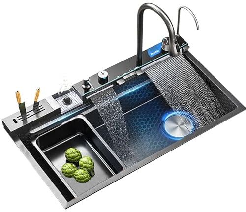 Kitchen Sink, Modern Waterfall Design, Multifunctional Rectangular Sink with Knife Holder and Digital Display, Easy to Clean for Large Kitchens