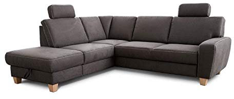 Cavadore Ecksofa Wisconsin mit Federkern / Sofagarnitur in Lederoptik mit 2 Kopfstützen / Landhausstil / Holzfüße in Buche / Mikrofaser / Größe: 248 x 88 x 215 cm (BxHxT) / Farbe: Dunkelgrau