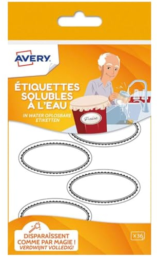 AVERY - 36 weiße, ovale Glasetiketten mit grauer Kontur personalisierbar – lassen sich unter Wasser auflösen – kühlschrankfest und mikrowellengeeignet – Format 55 x 29 mm