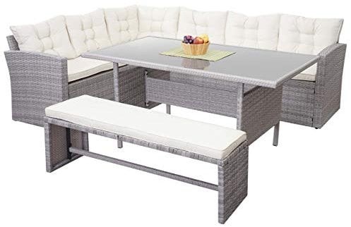 Mendler Poly-Rattan-Garnitur HWC-A29, Gartengarnitur Sitzgruppe Lounge-Esstisch-Set Sofa + Bank - hellgrau, Kissen Creme