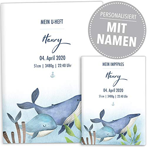 OLGS U-Heft Hülle Set Walfisch Untersuchungsheft Hülle & Impfpasshülle Geschenkidee (U-Heft Hüllen Set personalisiert, Blauwal & Buckelwal)