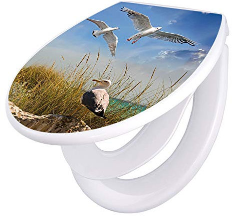 banjado Familien WC Sitz mit Absenkautomatik 44,5x37cm / Klodeckel/Klobrille mit Kindersitz aus hochwertigem Polypropylen/Toilettensitz Kindersitz integriert Motiv Möwen