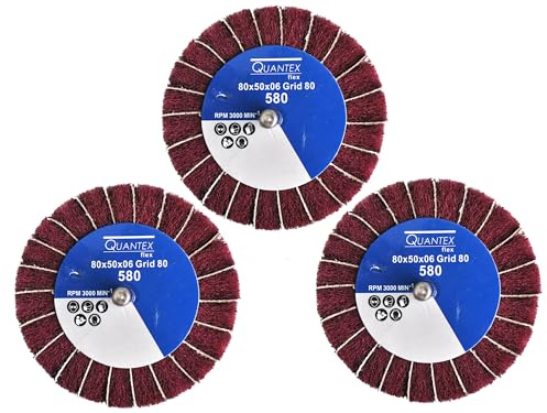 3 Stück Fächerschleifer mit Vlies-Gewebekombination 80mmx50mm, 6mm Einspannschaft, Körnung: 80 - Schleifmopstift, Lamellenschleifer, Schleifmop Schleifvlies, Lamellenrad mit Schaft.