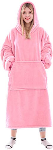 Waitu Tragbare Decke, Sweatshirt, Geschenke für Frauen und Männer, super warm und gemütlich, große Decke, Hoodie, dicke Flanelldecke mit Ärmeln und riesiger Tasche – Hellrosa