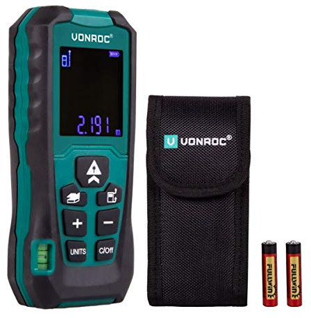 VONROC Télémètre Laser - Portée de 40 Mètres - Mètre Laser Mesure de Longueurs, Surfaces, Volumes, Hauteurs et Distances - Référence de Mesure Réglable - Télémètre Avec Sac de Protection, Piles inclus