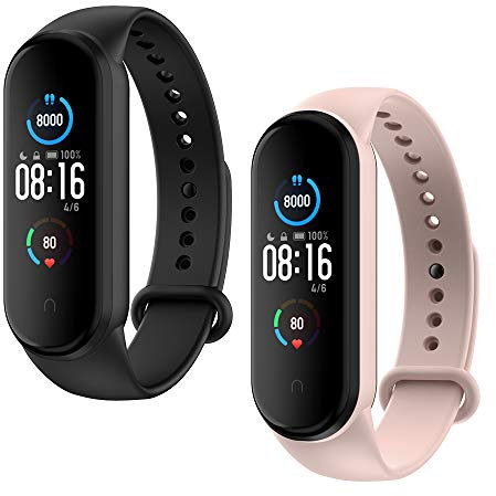 WD&CD Armband kompatibel mit Xiaomi Mi Band 5 Weiches Silikon (2 Stück, Schwarz + Pink), Verstellbare Fitness Armband für frauen männer