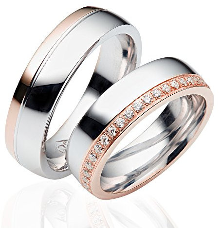 JC Trauringe 925er Sterling Silber Paarpreis I Eheringe mit kostenloser Gravur I Verlobungsringe Rotgold Plattiert 6 mm breit im Etui I Herren-Ring ohne & Damen-Ring mit Steinen I Gr. 48 bis 72 I LC05