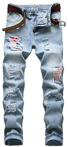 COOSVEN Men Ripped Jeans, Slim Fit Straight Leg, Denim Pants with Holes (Light Blue, 34)