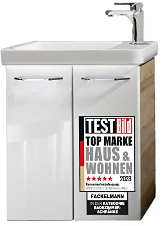 FACKELMANN Milano Badmöbel Set 3 Teile/Waschbecken/Waschbeckenunterschrank mit 2 Türen/LED-Beleuchtung/Soft-Close-System/Gäste WC Set/Korpus: Braun hell/Front: Weiß/Breite: 55 cm