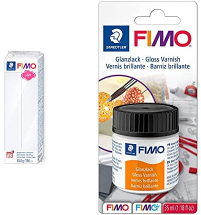 STAEDTLER 8021-0 ST Pasta para modelar de Color Blanco Fimo Soft; caja con 1 Pastilla de 454 Gramos + Fimo 8704 01 BK; barniz brillante transparente con base de agua