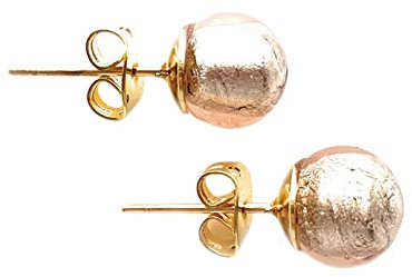 Diana Ingram earrings with champagne (peach, pink) Murano glass sphere (round) studs on 24ct gold plated surgical steel posts