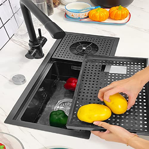 HGTRH éVier INOX De Cuisine 1 Bac, Evier Cuisine 1 Bac INOX avec Egouttoir, Anti Rayures Cuve Simple INOX Evier INOX à Poser, Evier Cuisine à Encastrer avec Rondelle Coupelle Noir