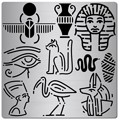 GORGECRAFT 6.3-Zoll-Metall-Ägypten-Thema-Symbol-Schablone Tiermuster Hieroglyphen-Schablonen Edelstahl Wiederverwendbares Schablonen-Journal-Werkzeug Zum Malen von Holzbrennen Brandmalerei-Gravur