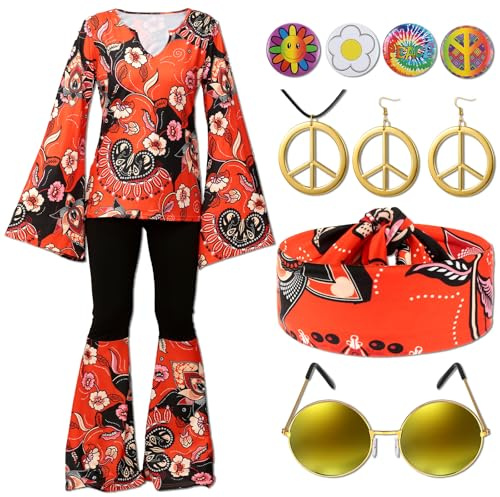 Jiuguva 17Pcs 60s 70s Outfits for Women Hippie Costume Set Disco Outfit Dress Boho Flared Pants Hippie Shirt Headband