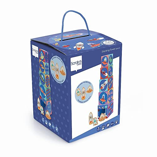SCRATCH 276181228 Stapelturm Pyramide mit 3 Holztieren, Motiv: Weltraum, ab 12 Monaten