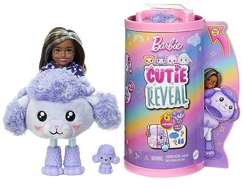 Barbie Cutie Reveal - Chelsea-Puppe mit 6 Überraschungen, kuschelweicher Plüschpudelwelpe, Zauberhafte Details und Farbwechselspaß, für Kinder ab 3 Jahren, HKR20