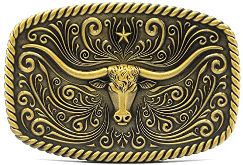 Western Longhorn Bull Gürtelschnalle, groß, Rodeo-Schnallen für Männer und Frauen, Schnalle passend für Gürtel 3,8 cm breit, goldfarben antik-optik, Einheitsgröße