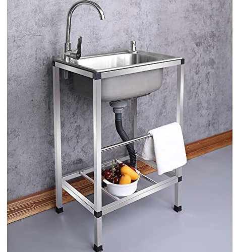EMISOO Évier INOX De Cuisine Indépendant sur Pied avec Robinet Support - Évier Extérieur, Utilitaire, De Restaurant 1 Bac, De Jardin, Station De Nettoyage Lavabo (Color : Hot and Cold)