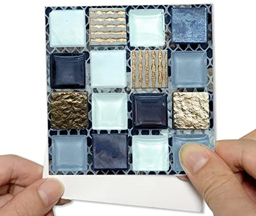 Alwayspon 25Pcs 10cm/4inch Dark Blue Mosaic Effect Tile Sticker, Peel & Stick Self-Adhesive Splashback Fireplace Stairs Tile Sticker Transfers, Stick on Tile for Kitchen Bathroom Wall