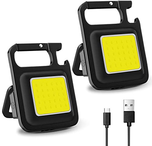 2 Stück COB Schlüsselanhänger-Taschenlampe,4 Modi USB Wiederaufladbare Wasserdichte 800 Lumen LED Kleine Taschenlampen,tragbare Taschenlampe mit Klapphalterung, Flaschenöffner und Magnetfuß