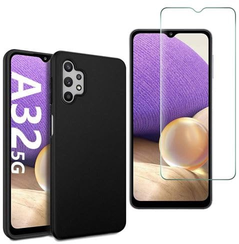 HQ-CLOUD® Coque Silicone NOIR Mat Pour Samsung Galaxy A32 5G + 2 Verre trempé Film Protection écran - Anti Rayures - Ultra Résistant Dureté 9H