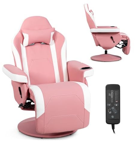 Multigot Massage Ergonomic Chair, High Back Swivel Gaming Chair with Footrest, Cup Holder, Headrest and Armrest, Adjustable Reclining Office Chair for Home Office (Pink)