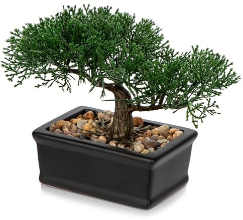 Kunstbonsai Naturgetreue Künstliche Pflanze Bonsai Zeder Kunstbaum Kunstpflanze mit Keramik-Übertopf in Schwarz für Bad Deko Büro Fensterbank