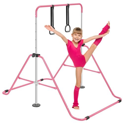 ToughHub Gymnastics Bar - Training Gymnastics Equipment for Kids - Adjustable Height - Folding Horizontal Bar with Gymnastic Rings (Pink)