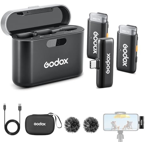 GODOX WES2 Kit2 Kabelloses Lavalier-Mikrofon für Android/USB C, 8H Akkulaufzeit, Dual Channel 2.4G Wireless Mic, 200m Reichweite, Geräuschunterdrückung mit Ladehülle für Vlogging, TikTok, Interview