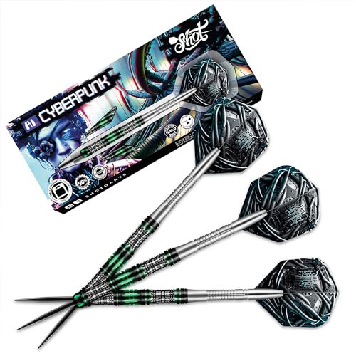 Shot! Steel Darts AI Cyberpunk Match Dart 90% Tungsten Steeltip Darts | Steel Dart Hochwertiges Tungsten Dart Set mit Schäften und Flights Made in New Zealand (24 Gramm)