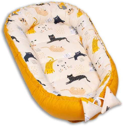 PaLulli Kuschelnest 2-seitig Babynest Babynestchen Baby Nest Nestchen Reisebett Wickelauflage Kuschelbett, Kokon Kokon für Babybett - Babys und Säuglinge, 100% Baumwolle Oeko TEX (Cats)
