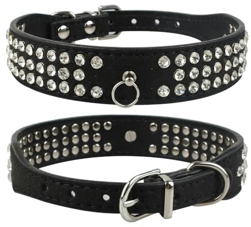 Hundehalsband mit Nieten, Wildleder, Strass, kleine und mittelgroße Katzen, verstellbares Leder-Halsband für kleine und mittelgroße Hunde, Chihuahua, Yorkshire Terrier, Schwarz, Größe L