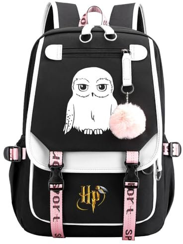 Großer Schulrucksack Frauen, Eule Schultasche, Teenager Harry Magic Rucksack, 7~15 Klasse Schüler Paket Schwarz