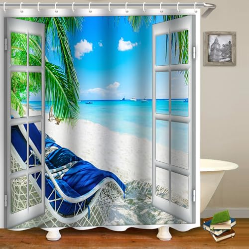 FAIRYGATE Duschvorhang Maritim Stoff Bathtub Curtain Duschvorhang Nautical Stoffliches Gewebe Badezimmerdekorationsset mit Haken 180 x 180 cm Blue für Badezimmer Waschbar und Schnell Trocken B8816