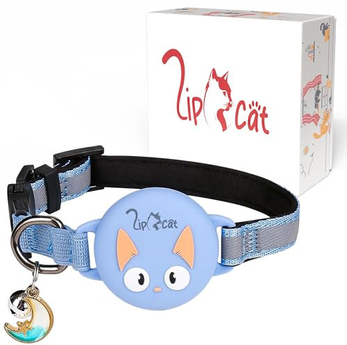 LipCat AirTag Katzenhalsband, reflektierend und weich gepolstert mit Sicherheitsverschluss, Glocke und wasserdichter AirTag Halterung, Katzen Tracker, Apple AirTag kompatibel, Blau