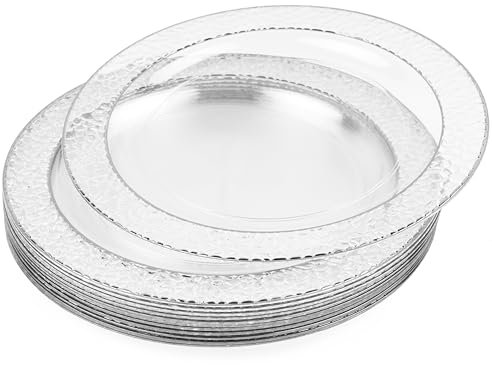 MATANA 20 Platos de Plástico Duro Transparentes con Borde Plateado, 26cm - Elegantes, Resistentes y Reutilizables - Bodas, Cumpleaños, Barbacoas, Navidad, Fiestas