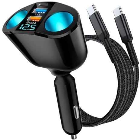 USB-C Car Charger Cigarette Lighter Splitter, 12V-24V/120W Dual USB Car Charger Fast Charge Power Adapter for Phones/iPad/Tablets/GPS/Vehicle Devices