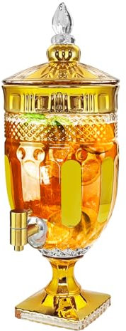 Getränkespender aus Glas für Partys, Getränkespender aus Glas mit Zapfhahn für Party, Bar, Hochzeit, Kristall-Sammelspender, breite Öffnung mit Deckel, Eisgetränkespender (1,3 l goldene vertikale