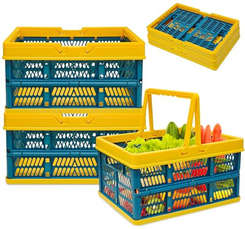 Bukuhlio 2 Set Plastic Folding Storage Crate Stackable Grocery Bin Container Einkaufskorb Faltbar, für Küche Wohnzimmer Desktop Office Organizing Aufbewahrungsbox (Grün+Gelb)