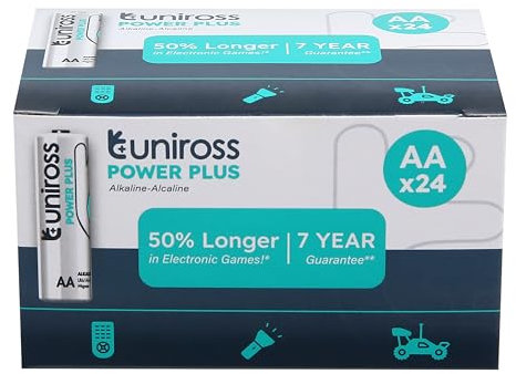 Uniross Power Plus AA and AAA Batteries, Long-Lasting Alkaline Power. 7 Year Shelf Life. Leak Proof. (AA (24 Pack))