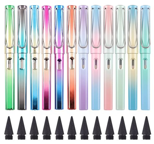 Minging 12 Stück Ewiger Bleistift, Bleistift Sets mit 12 Stück Ersatzspitzen Kein Anspitzen Tintenloser Bleistifte mit Radiergummi Schreibwaren Geschenk für Kinder,Ewiger Bleistifte Set (Schwarz 12)